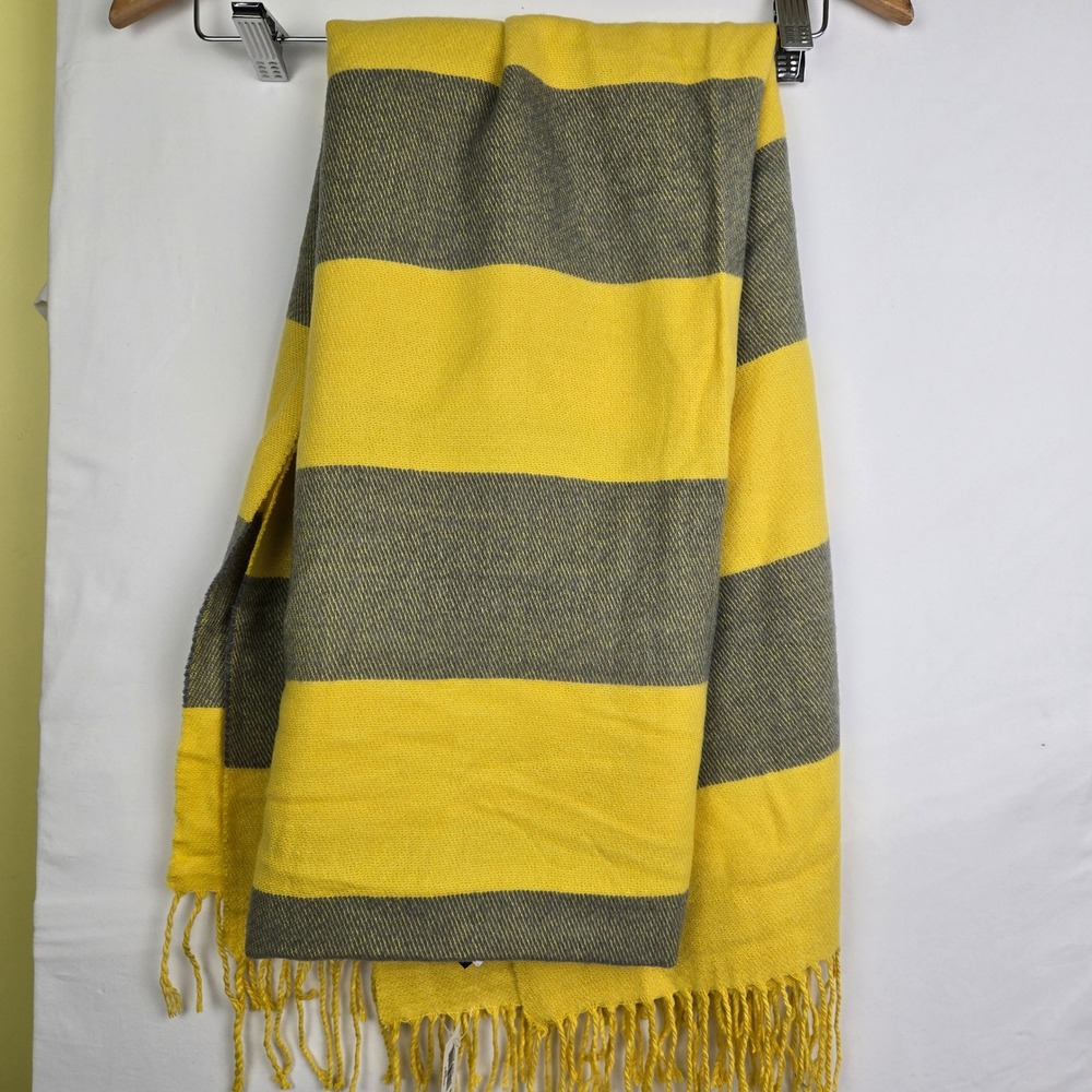 Gap Striped Scarf Yellow Gray Fringe Trim Soft Acrylic Oversized Wrap New